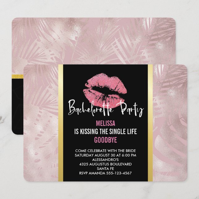 Pink Glitter Lips & Rose Gold Tropical Leaves Invitation (Front/Back)