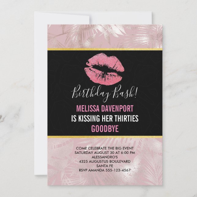 Pink Glitter Lips & Rose Gold Tropical Leaves Invitation (Front)