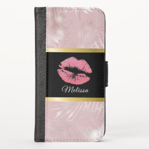 Pink Glitter Lips & Rose Gold Tropical Leaves iPhone X Wallet Case
