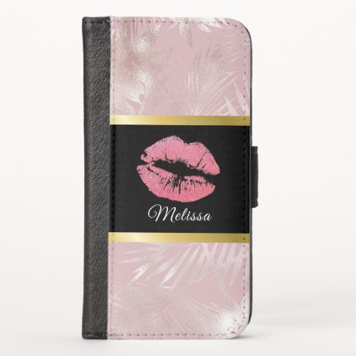 Pink Glitter Lips  Rose Gold Tropical Leaves iPhone X Wallet Case