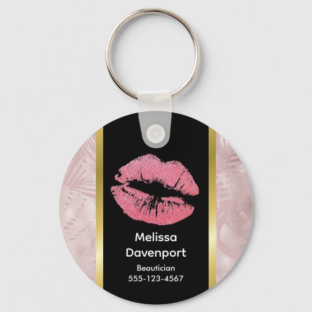 Pink Glitter Lips & Rose Gold Tropical Leaves Keychain (Front)