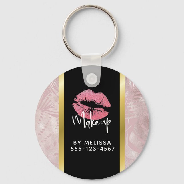 Pink Glitter Lips & Rose Gold Tropical Leaves Keychain (Front)
