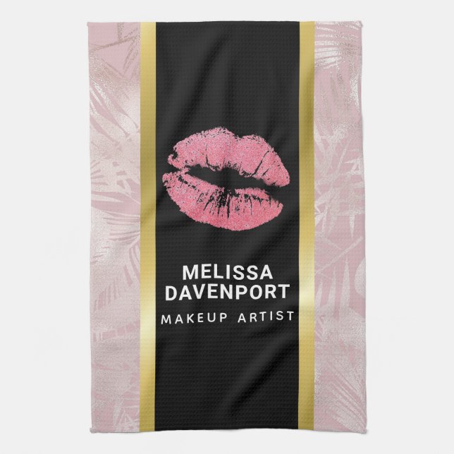 Pink Glitter Lips & Rose Gold Tropical Leaves Kitchen Towel (Vertical)