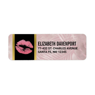Pink Glitter Lips & Rose Gold Tropical Leaves Label