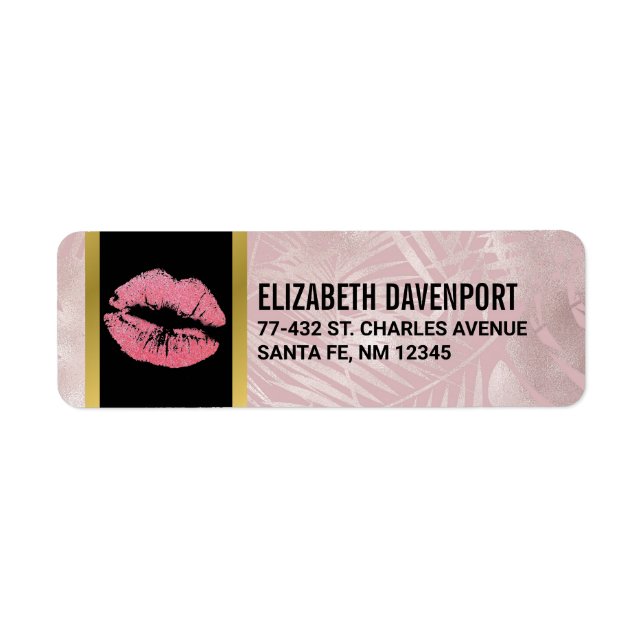 Pink Glitter Lips & Rose Gold Tropical Leaves Label (Front)