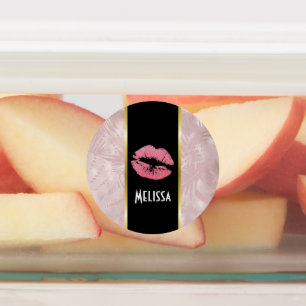 Pink Glitter Lips & Rose Gold Tropical Leaves Labels