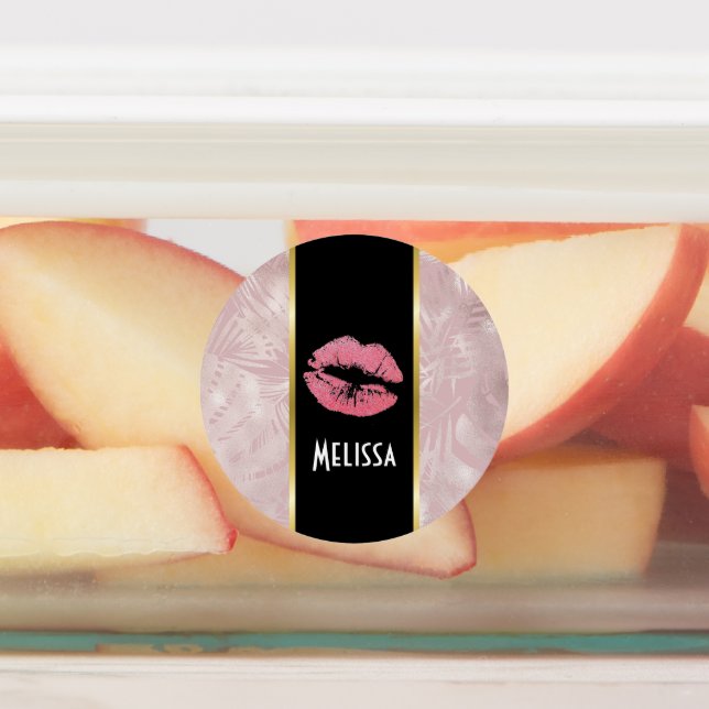 Pink Glitter Lips & Rose Gold Tropical Leaves Labels (Affixed)