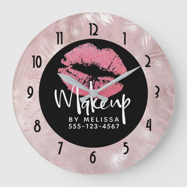 Pink Glitter Lips & Rose Gold Tropical Leaves Large Clock (Front)