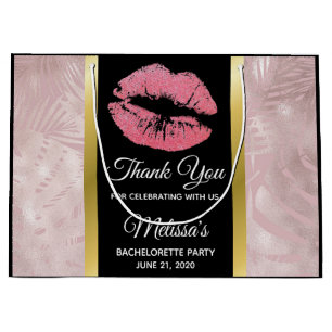 Pink Glitter Lips & Rose Gold Tropical Leaves Large Gift Bag