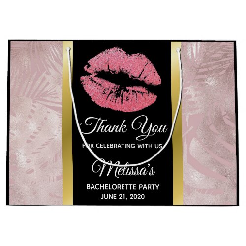 Pink Glitter Lips  Rose Gold Tropical Leaves Large Gift Bag