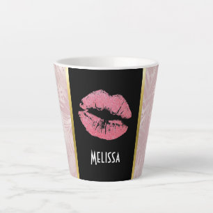 Pink Glitter Lips & Rose Gold Tropical Leaves Latte Mug
