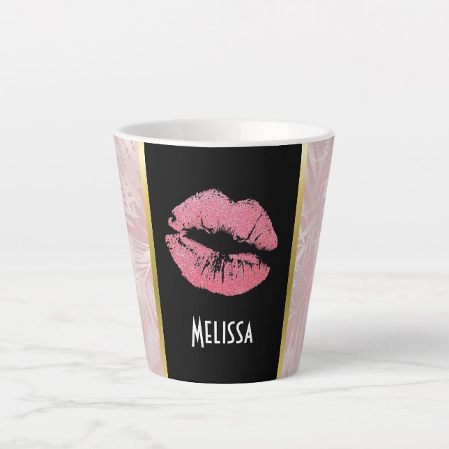 Pink Glitter Lips & Rose Gold Tropical Leaves Latte Mug (Front)