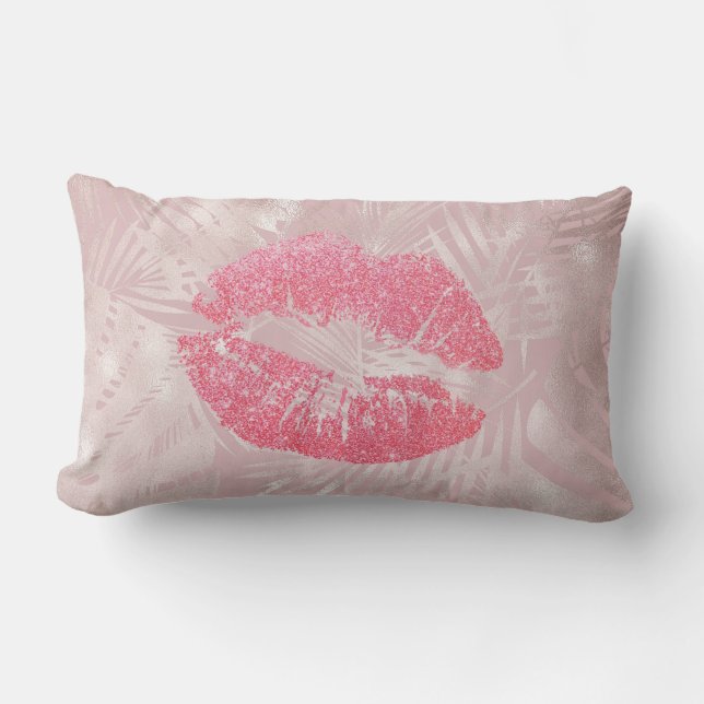 Pink Glitter Lips & Rose Gold Tropical Leaves Lumbar Pillow (Front)