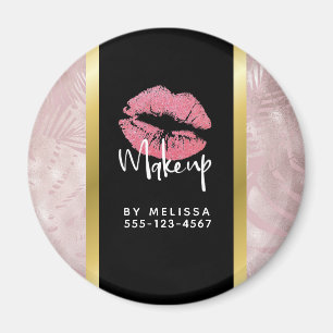 Pink Glitter Lips & Rose Gold Tropical Leaves Magnet