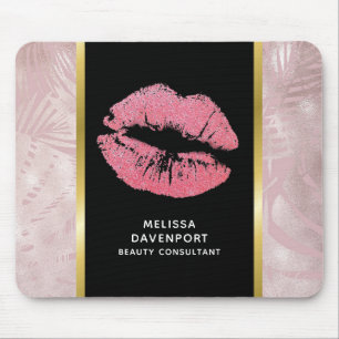 Pink Glitter Lips & Rose Gold Tropical Leaves Mouse Pad