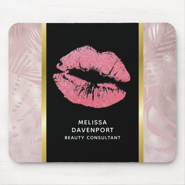 Pink Glitter Lips & Rose Gold Tropical Leaves Mouse Pad (Front)