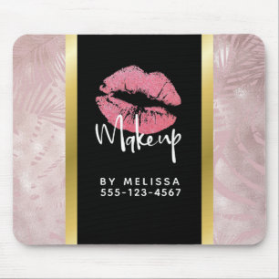Pink Glitter Lips & Rose Gold Tropical Leaves Mouse Pad