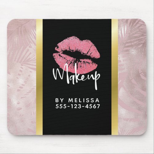 Pink Glitter Lips  Rose Gold Tropical Leaves Mouse Pad