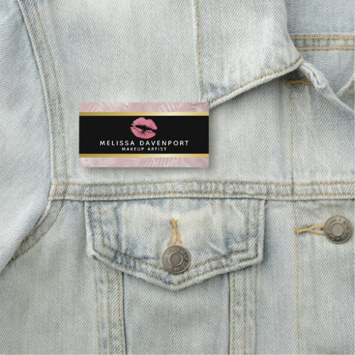 Pink Glitter Lips  Rose Gold Tropical Leaves Name Tag