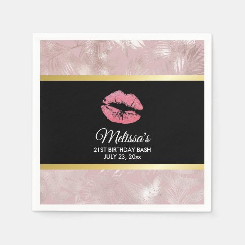 Pink Glitter Lips  Rose Gold Tropical Leaves Napkins