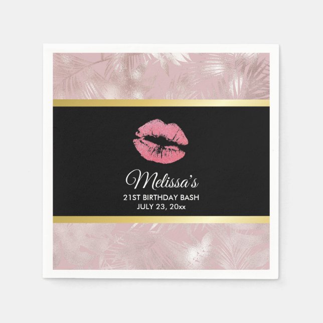Pink Glitter Lips & Rose Gold Tropical Leaves Napkins (Front)
