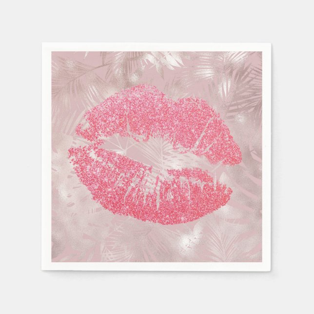 Pink Glitter Lips & Rose Gold Tropical Leaves Napkins (Front)