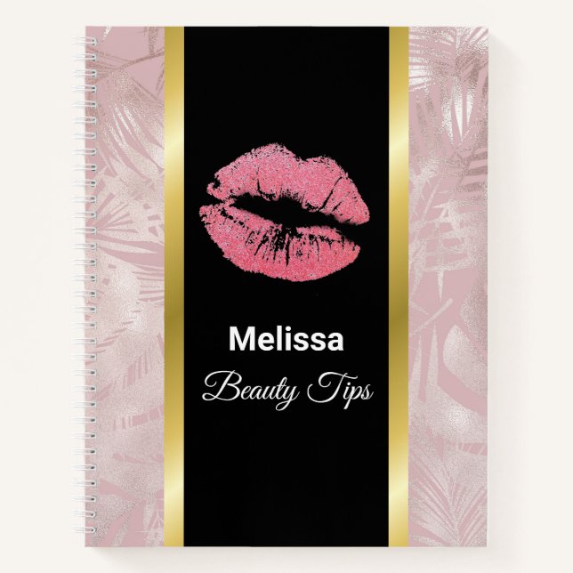 Pink Glitter Lips & Rose Gold Tropical Leaves Notebook (Front)