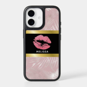 Pink Glitter Lips & Rose Gold Tropical Leaves iPhone 17 Case