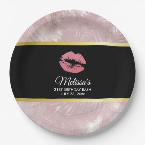 Pink Glitter Lips  Rose Gold Tropical Leaves Paper Plates