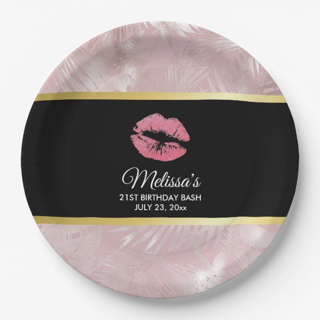 Pink Glitter Lips & Rose Gold Tropical Leaves Paper Plates (Front)