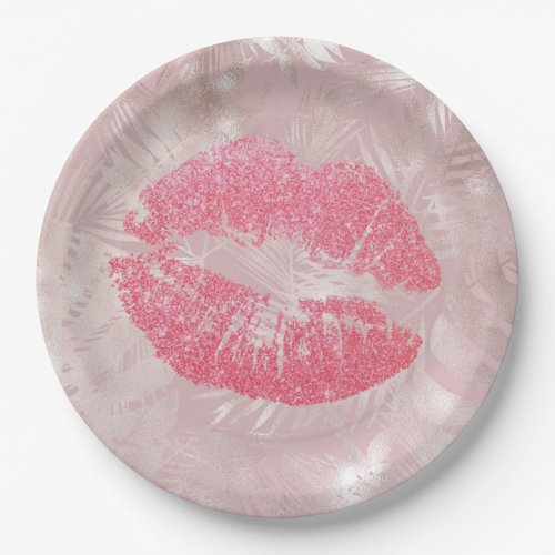 Pink Glitter Lips  Rose Gold Tropical Leaves Paper Plates