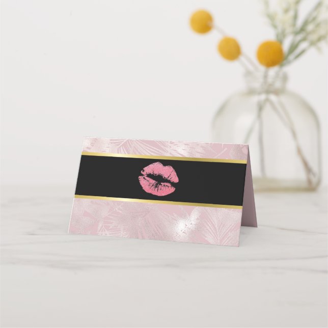 Pink Glitter Lips & Rose Gold Tropical Leaves Place Card (Front)