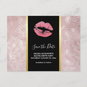 Pink Glitter Lips & Rose Gold Tropical Leaves Postcard