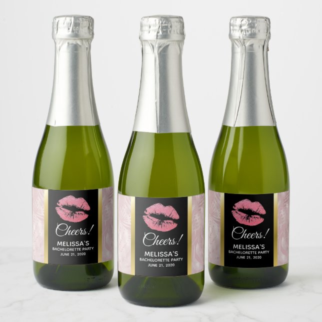 Pink Glitter Lips & Rose Gold Tropical Leaves Sparkling Wine Label (Bottles)
