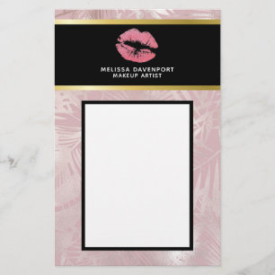 Pink Glitter Lips & Rose Gold Tropical Leaves Stationery