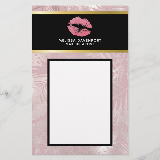 Pink Glitter Lips & Rose Gold Tropical Leaves Stationery (Front)