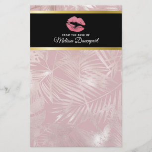 Pink Glitter Lips & Rose Gold Tropical Leaves Stationery