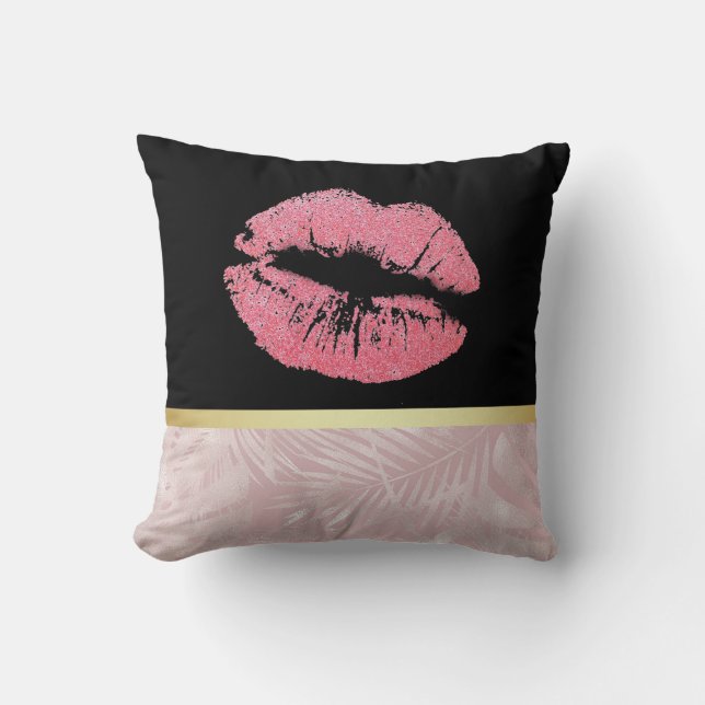 Pink Glitter Lips & Rose Gold Tropical Leaves Throw Pillow (Front)