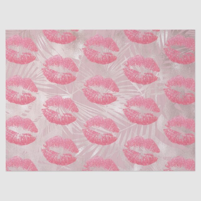 Pink Glitter Lips & Rose Gold Tropical Leaves Tissue Paper (Front)