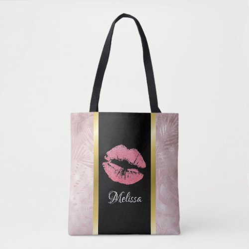 Pink Glitter Lips  Rose Gold Tropical Leaves Tote Bag