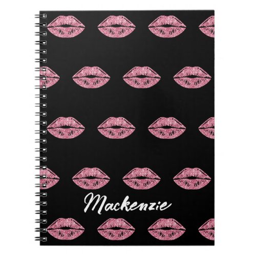 Pink Glitter Lips with Custom Name on Black Notebook