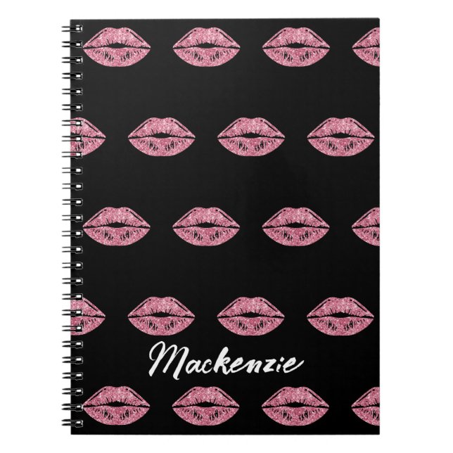Pink Glitter Lips with Custom Name on Black Notebook (Front)