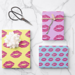 Pink Glitter Lips Wrapping Paper Sheets