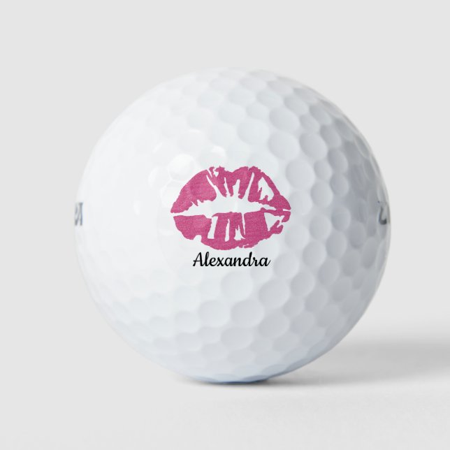 Pink Glitter Lipstick Girly Kiss Customized Name Golf Balls (Front)