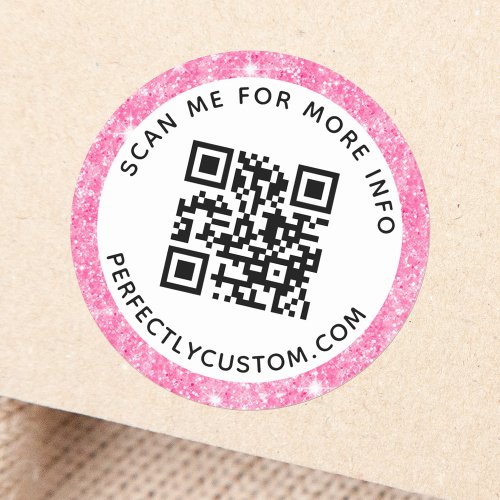 Pink glitter look border QR code and text Classic Round Sticker