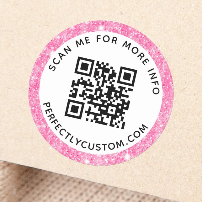 Pink glitter look border QR code and text Classic Round Sticker (Creator Uploaded)