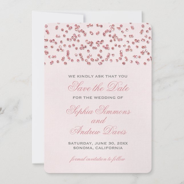 Pink Glitter Look Confetti Save the Date (Front)