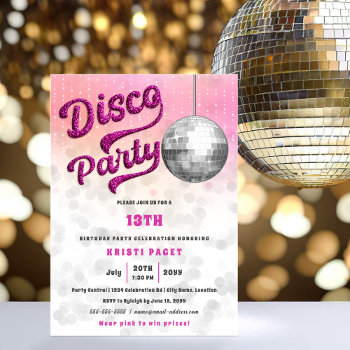 Pink Glitter Look Disco Party Birthday Invitation by SocialiteDesigns at Zazzle