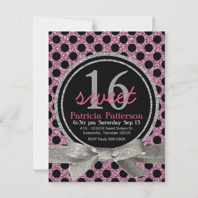 Pink  Glitter Look Polka Dot Sweet 16 Invitation (Front)