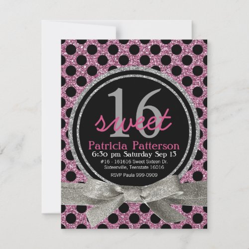 Pink  Glitter Look Polka Dot Sweet 16 Announcement